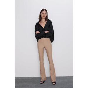 ZARA Stretch Twill Knit Pull On Flared Pants Brown High Rise Womens Medium